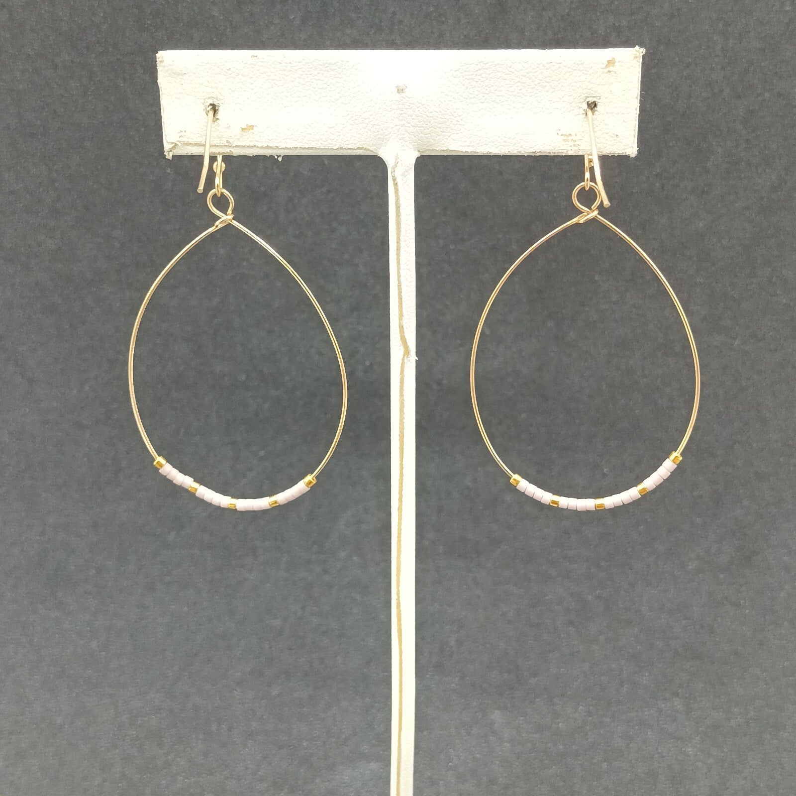Pierced Earrings Gold tone Teardrop Wire Loop Lavender Seed Bead Dangle 1 3/4"