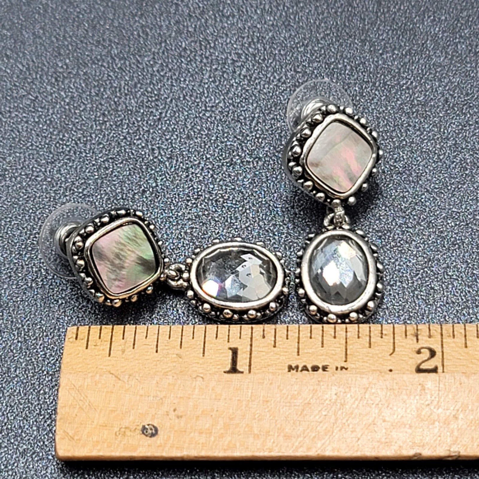Pierced Earrings Silver tone Abalone Inlay Faceted Glass Dangle 1.25"