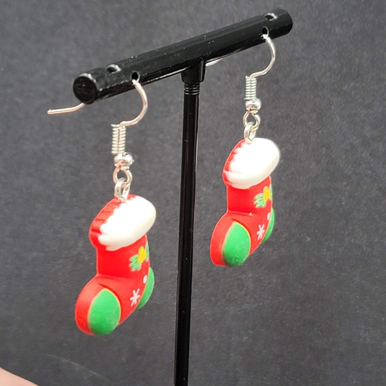 Christmas Stocking Pierced Earrings Puffy 3D Dangle 1 1/8"