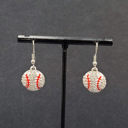 Baseball Pierced Earrings Rhinestone Enamel Dangle 3/4"