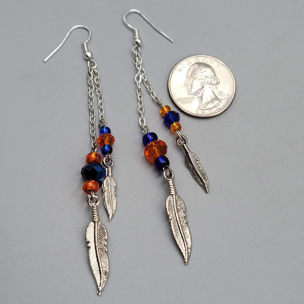 Dangle Pierced Earrings Silvertone Bead Chain Feather Accent 3.25" Denver Bronco