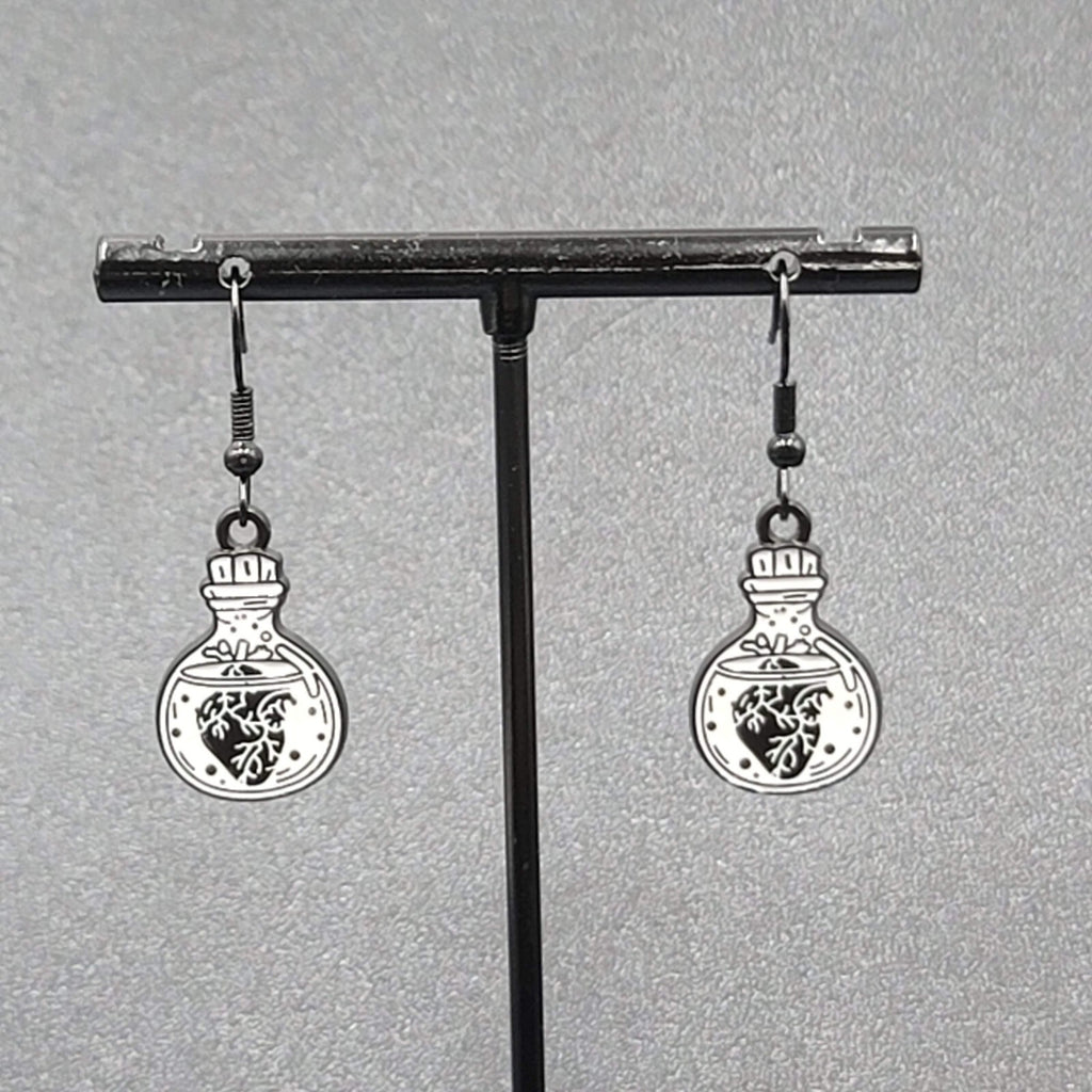 Poison Heart in Jar Pierced Earrings Black White Enamel Dangle 7/8" 