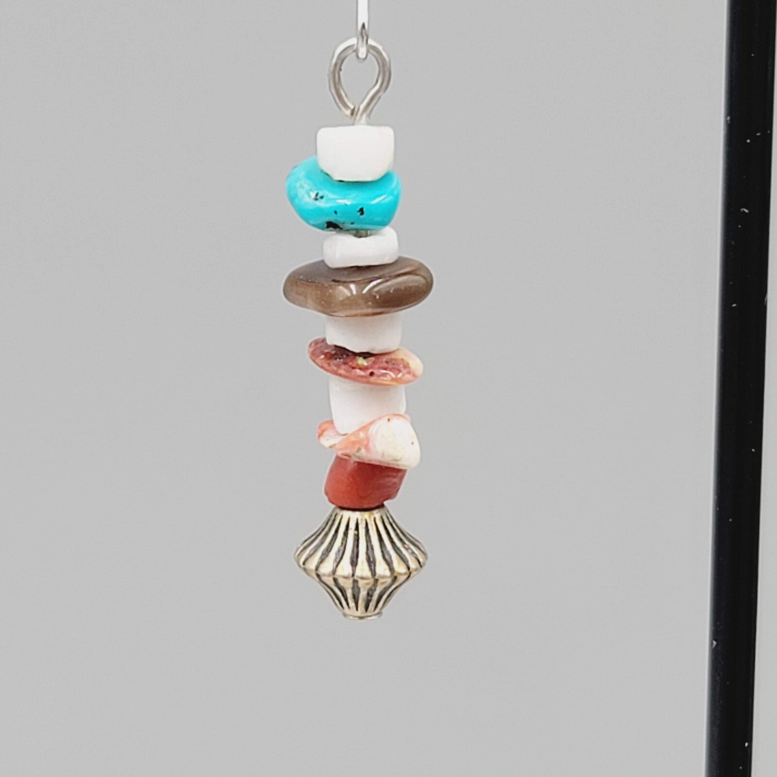 Pierced Earrings Multi Stone Boho Dangle Silver tone 1.25"