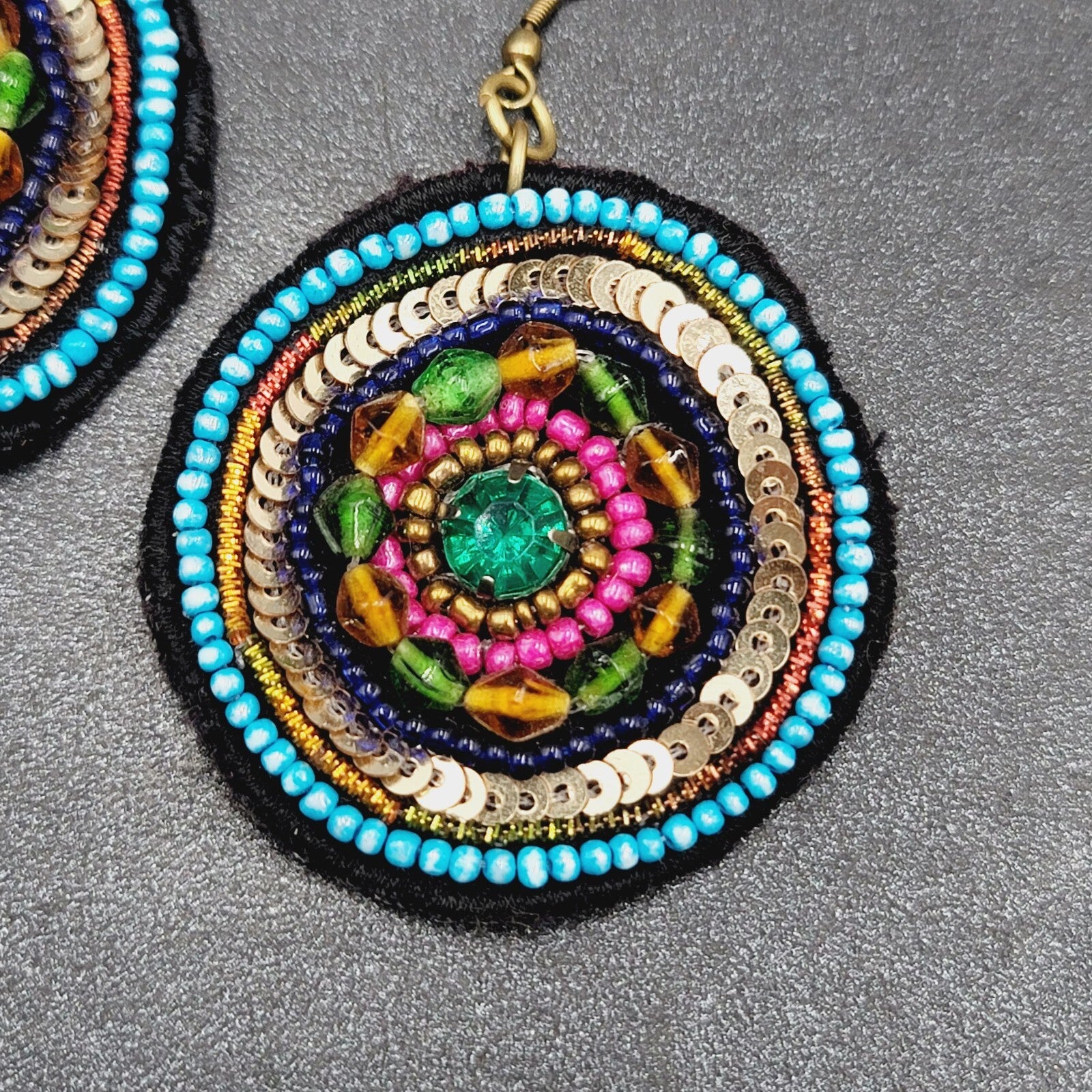 Boho Pierced Earrings Beaded Felt Medallion Dangle 1.75"