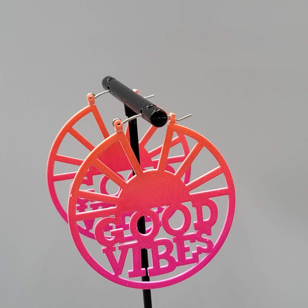 GOOD VIBES Pierced Earrings LARGE Pink Enamel over Metal Hoops 2"