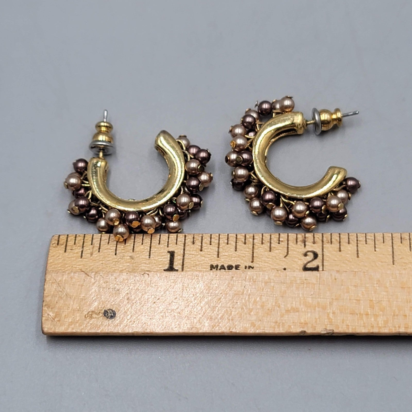 Multi tone Bead Hoops Pierced Earrings Gold tone Dangle 1"