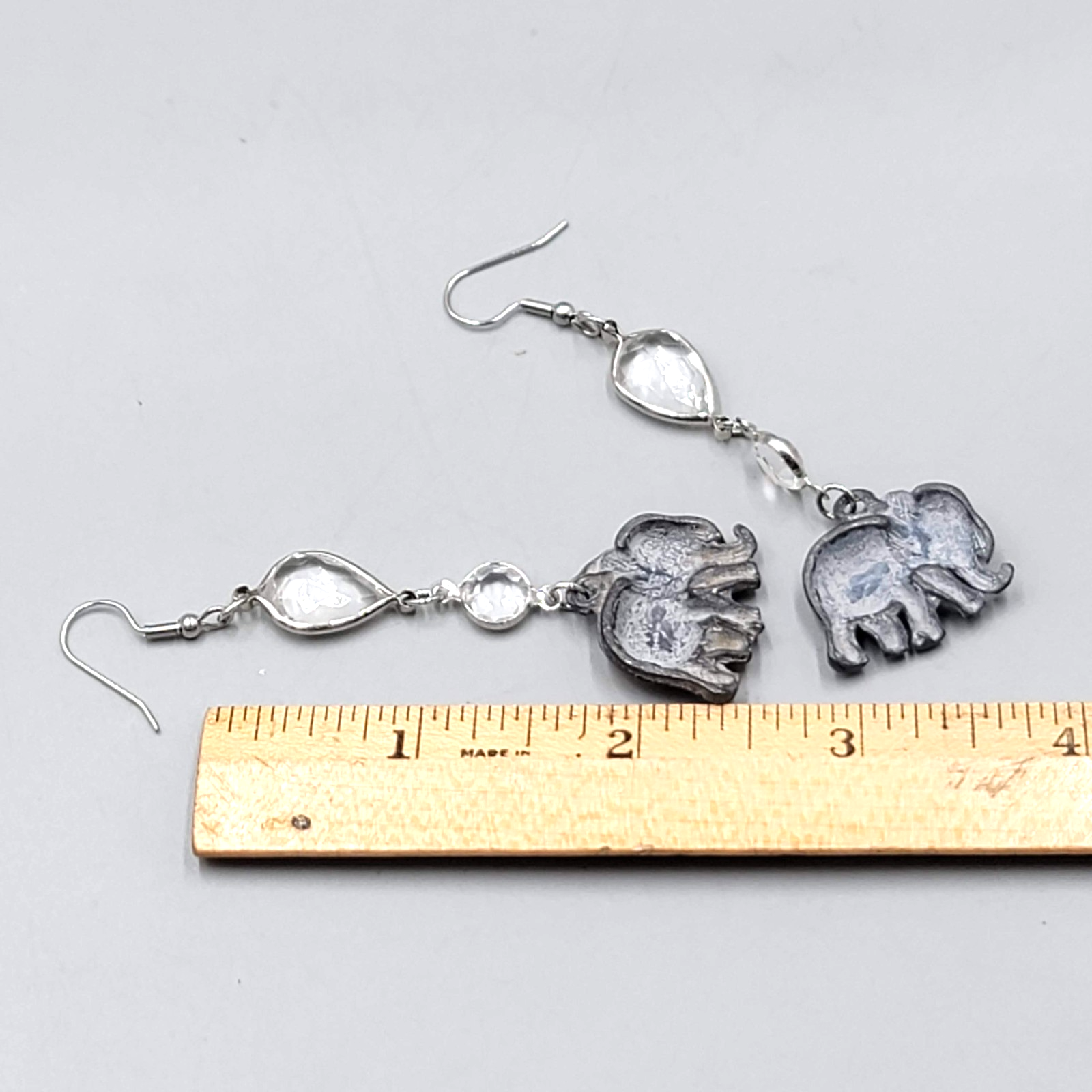 Pewter Elephant Pierced Earrings Silver tone Dangle  2.5 in