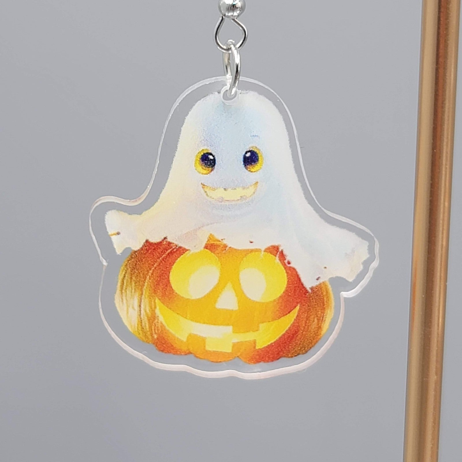 Halloween Ghost Pumpkin Pierced Earrings Silver tone Dangle 1.5 in