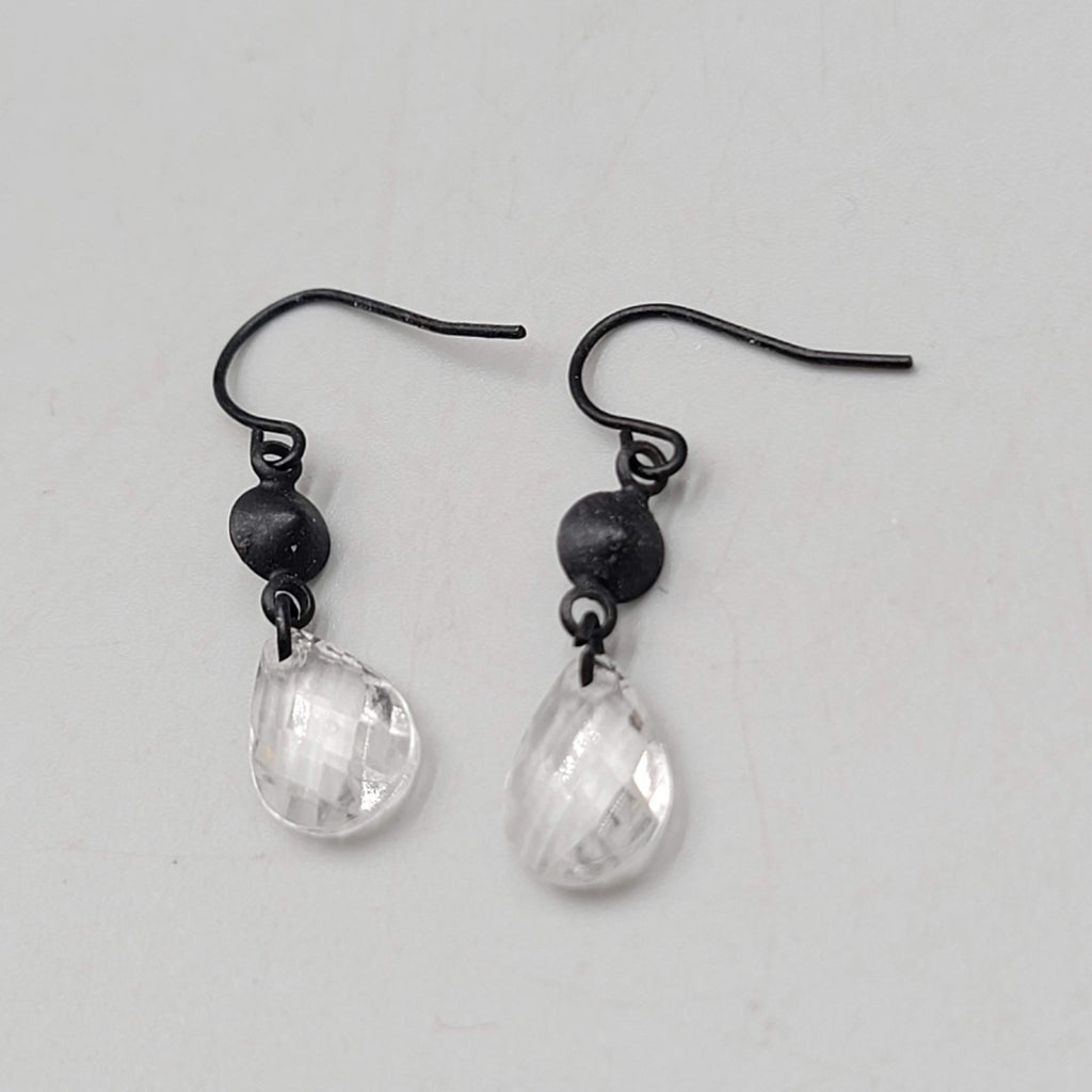 Clear Acrylic Teardrop Pierced Earrings Black Enamel over Metal Dangle 1 in