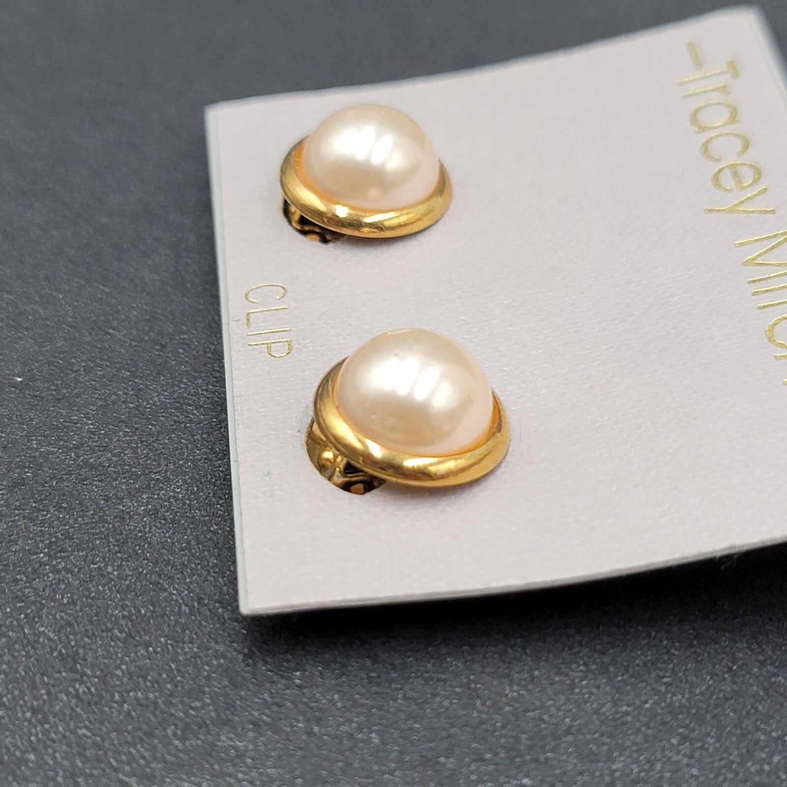 Vintage Tracey Mitchell Clip on Earrings Gold tone Faux Pearl Studs NOS 1/2"