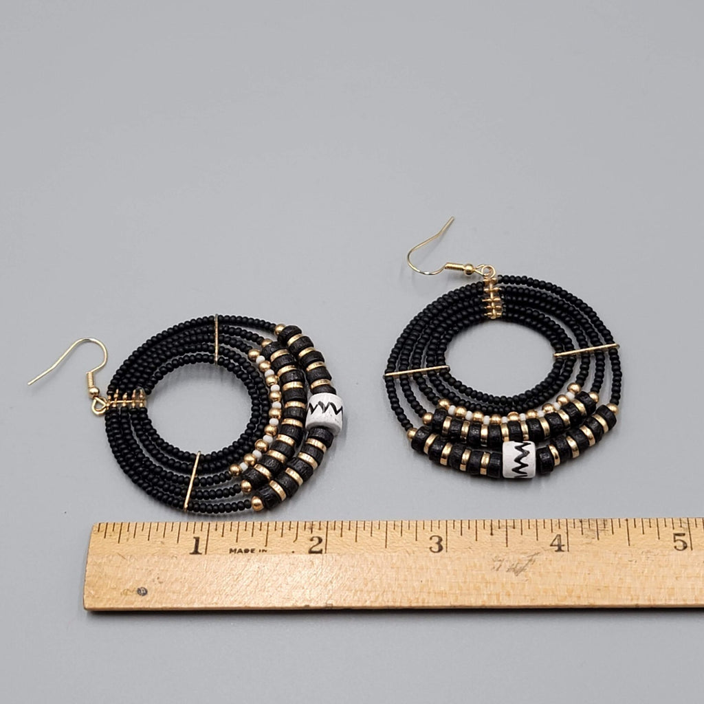 Pierced Earrings Black Gold tone Bead Hoops Boho Dangle 2"