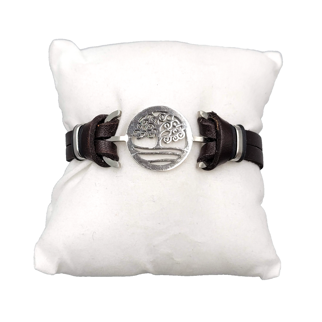 Tree Medallion Stainless Steel Bracelet Brown Leather Unisex 7"
