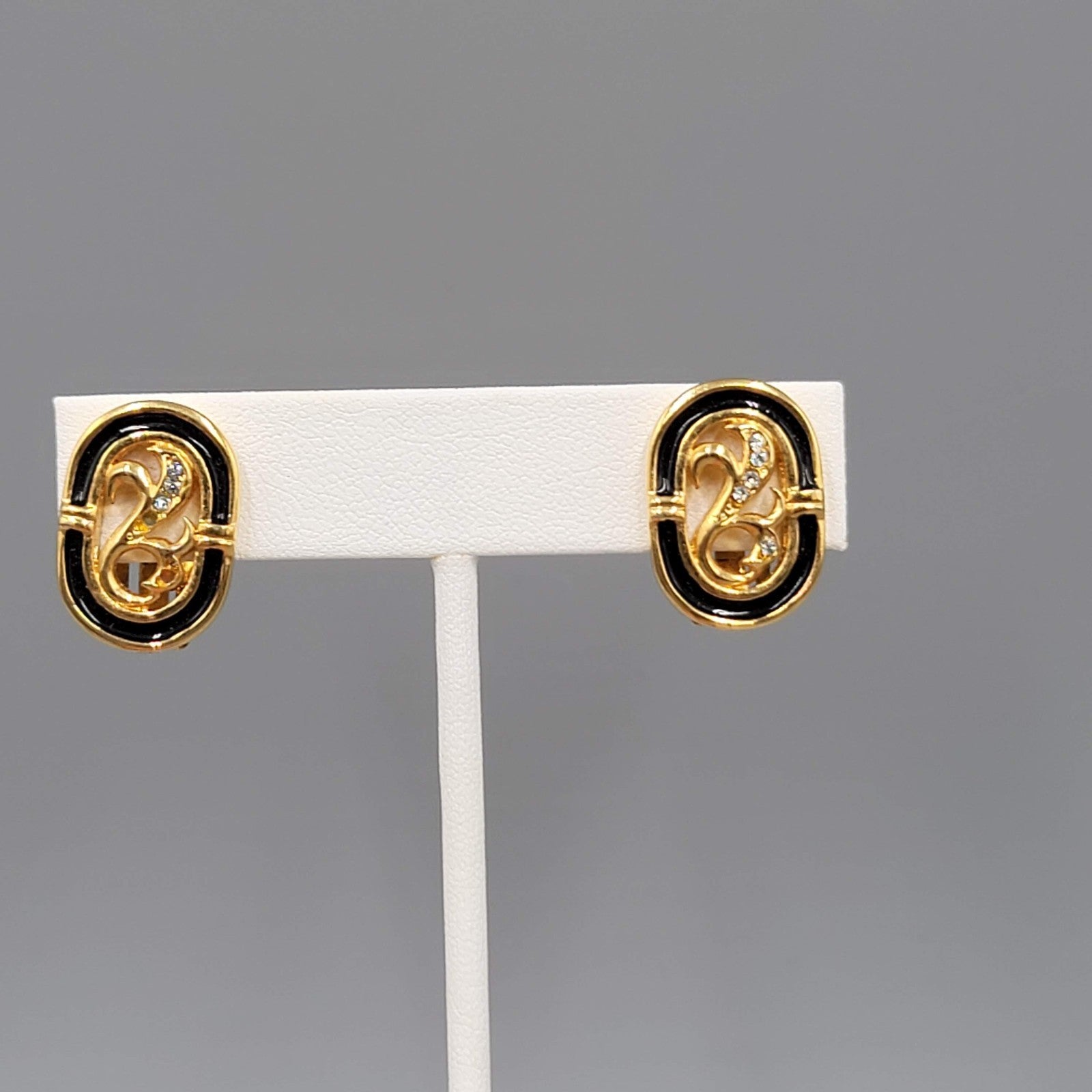 Vintage Clip on Earrings Gold tone Oval Black Enamel Open Work Rhinestones 3/4"