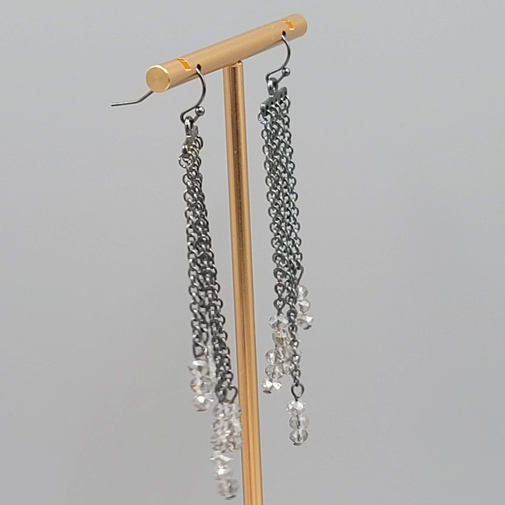 Black Metal Pierced Earrings Long Dangle Chains Beaded 3"
