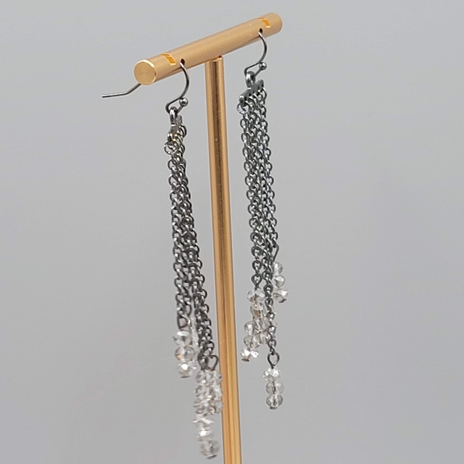 Black Metal Pierced Earrings Long Dangle Chains Beaded 3"