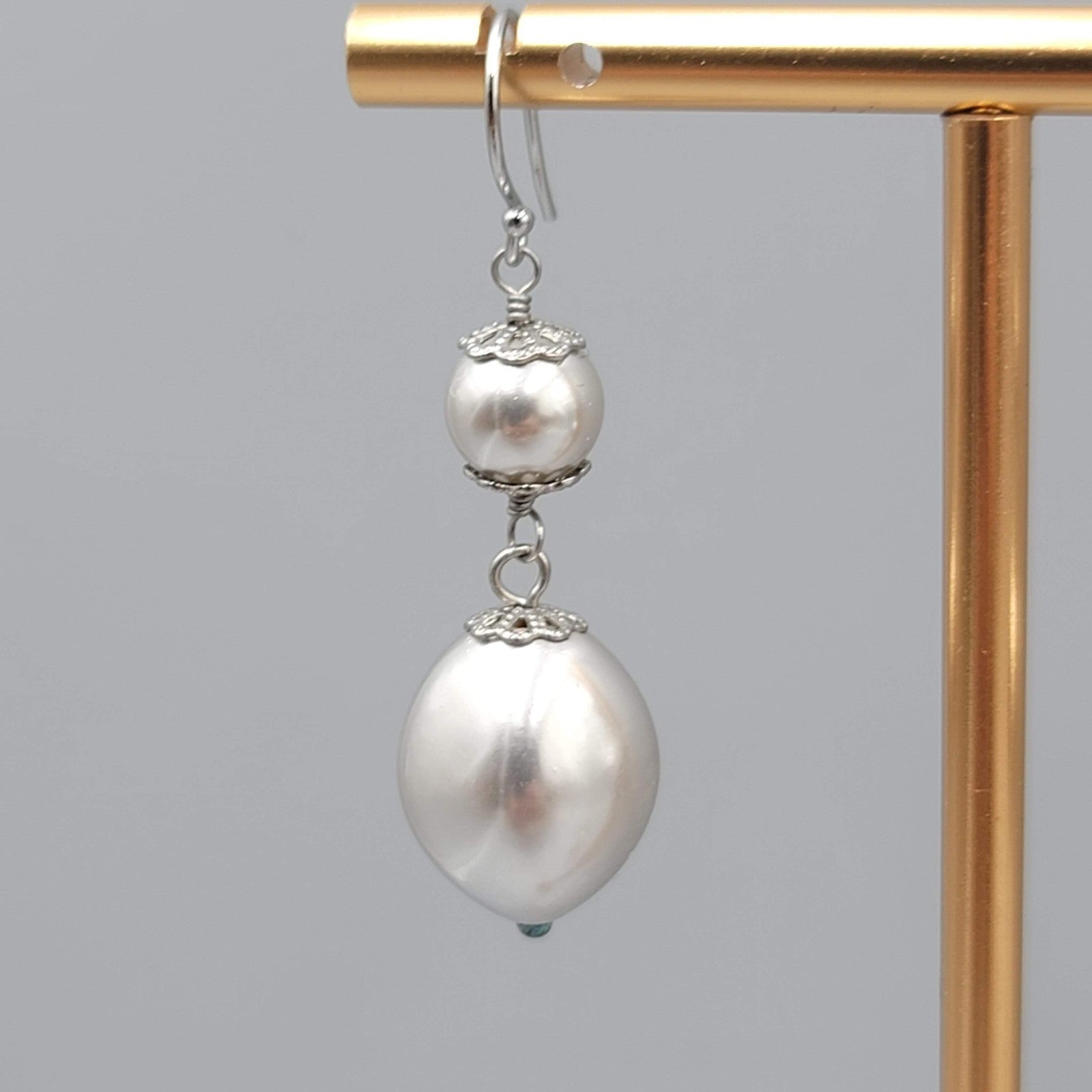Satin Silver tone Filigree Cap Bead Pierced Earrings Dangle 1.5 in
