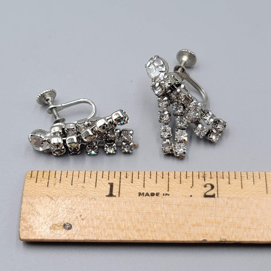 Vintage Rhinestone Clip on Earrings Silver tone Wrapped Dangle Screw Back 1 1/8"