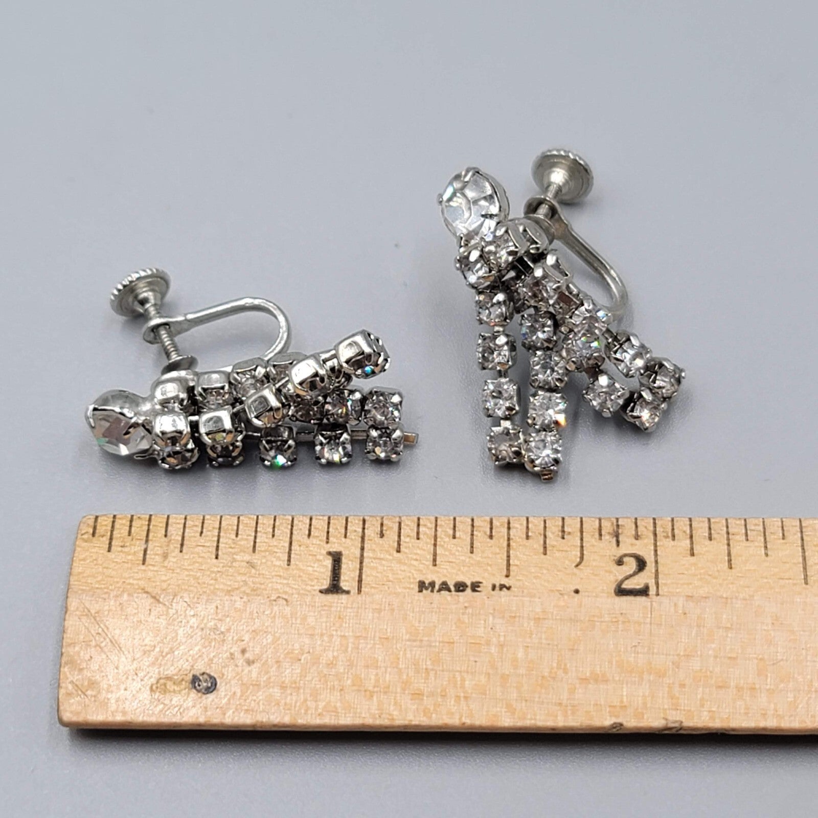 Vintage Rhinestone Clip on Earrings Silver tone Wrapped Dangle Screw Back 1 1/8"