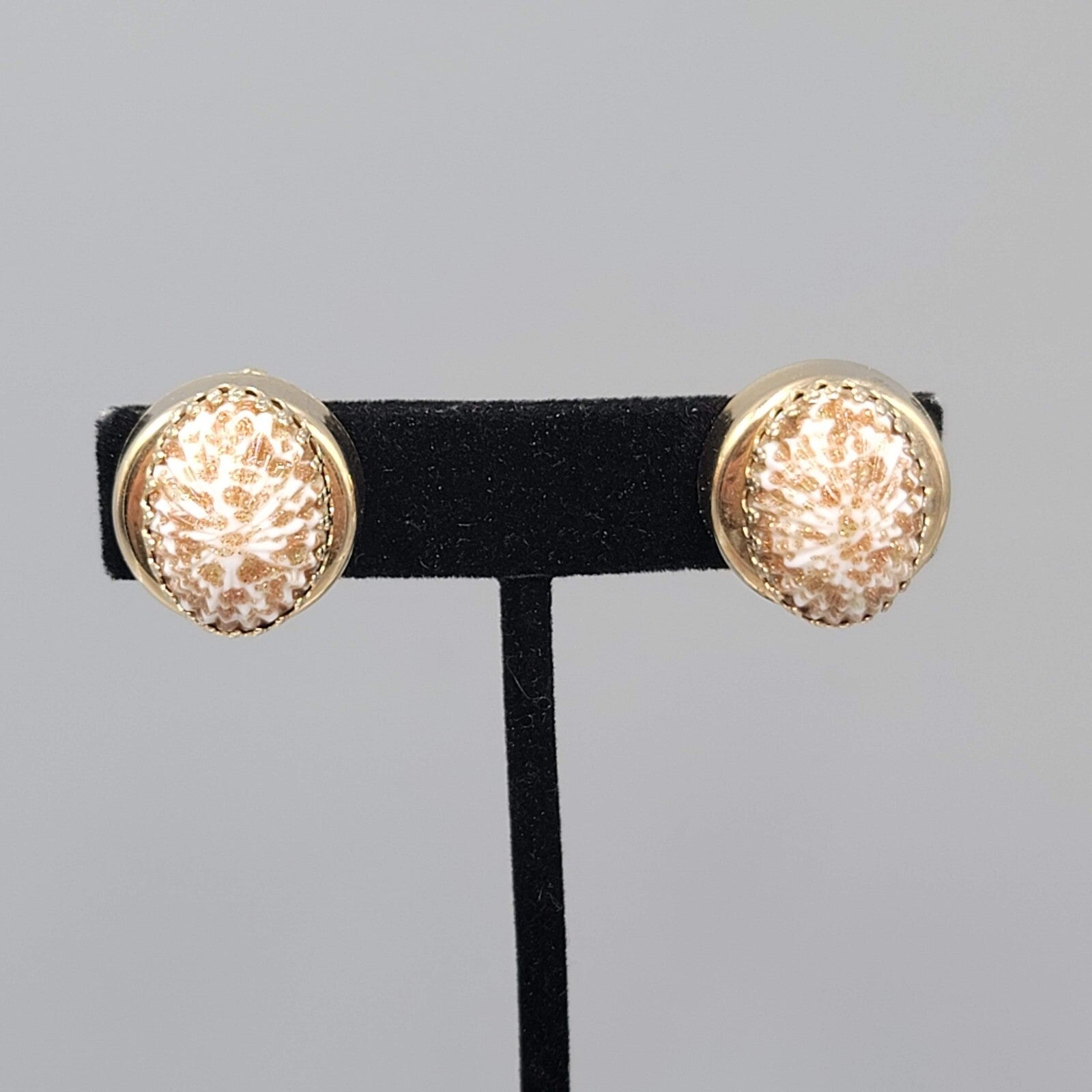 Vintage Clip on Earrings Copper Glitter Glass Cabochon Gold tone 3/4"