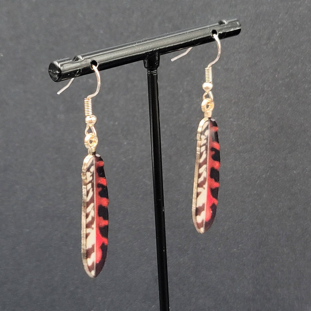 Metal Feather Pierced Earrings Red Black White Gold tone Dangle 1.5"