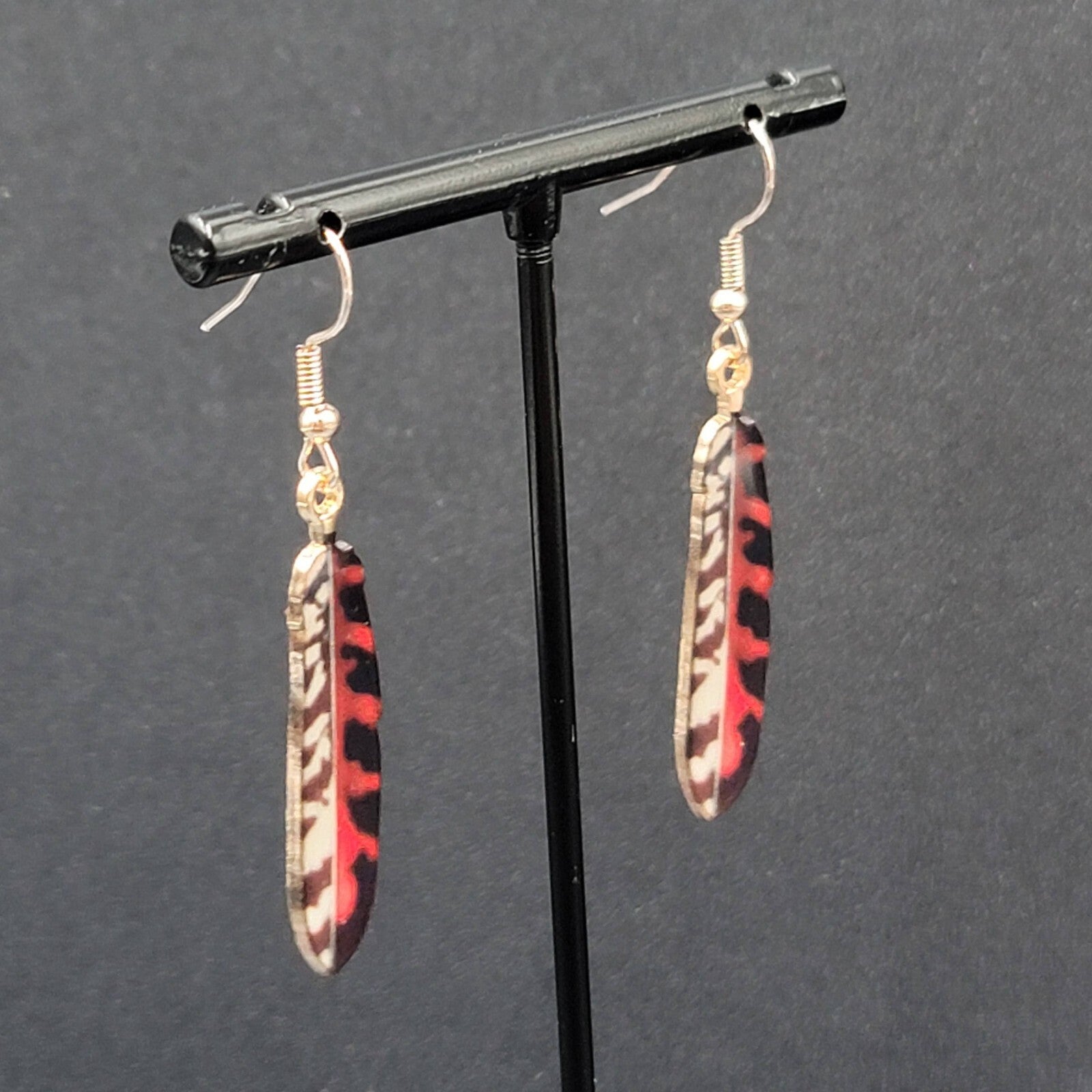 Metal Feather Pierced Earrings Red Black White Gold tone Dangle 1.5"