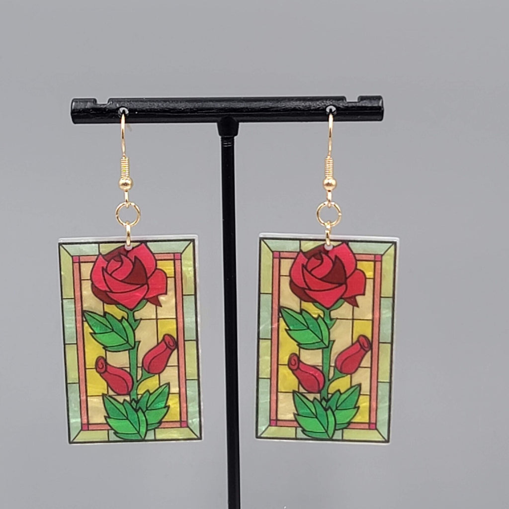 Stained Glass Look Pierced Earrings Rose Rectangle Acrylic Gold toneDangle 1.75"