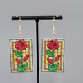 Stained Glass Look Pierced Earrings Rose Rectangle Acrylic Gold toneDangle 1.75"