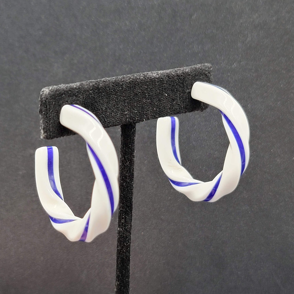 Pierced Earrings White Blue Acrylic Twist Hoops  1.5"