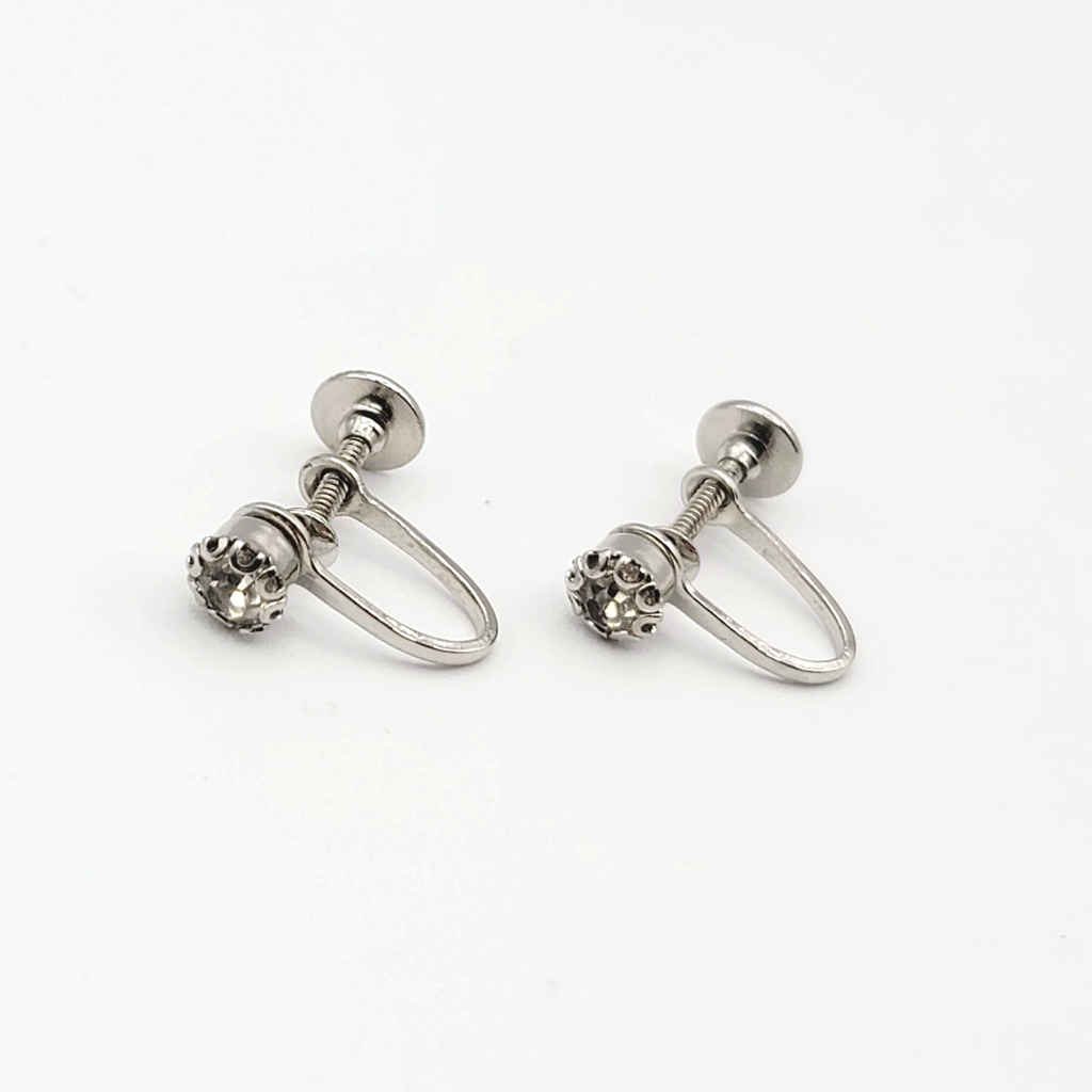 Vintage Stud Clip on Earrings Cubic Zirconia Silver tone 3/16 in
