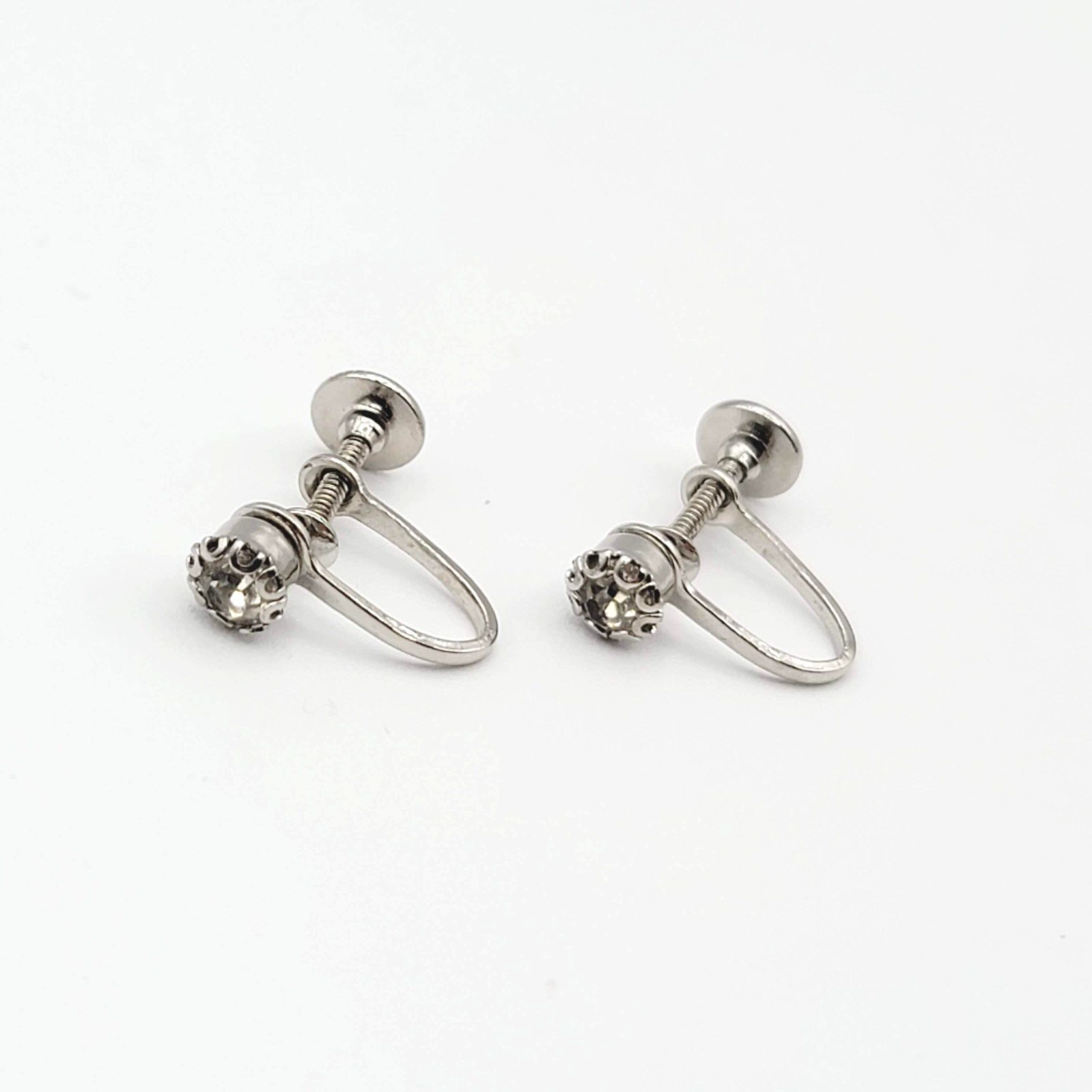 Vintage Stud Clip on Earrings Cubic Zirconia Silver tone 3/16 in