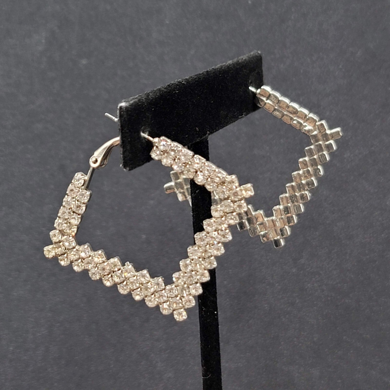 Pierced Earrings Rhinestone Square Hoops Silver tone 1.25"