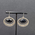 Pierced Earrings Silver tone Black Center Oval Dangle 1.25"