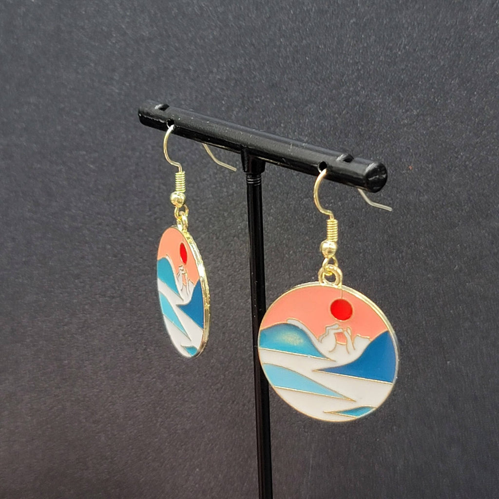 Kitty Cat Playing w Sun Pierced Earrings Japanese Style Art Gold tone Dangle 1"
