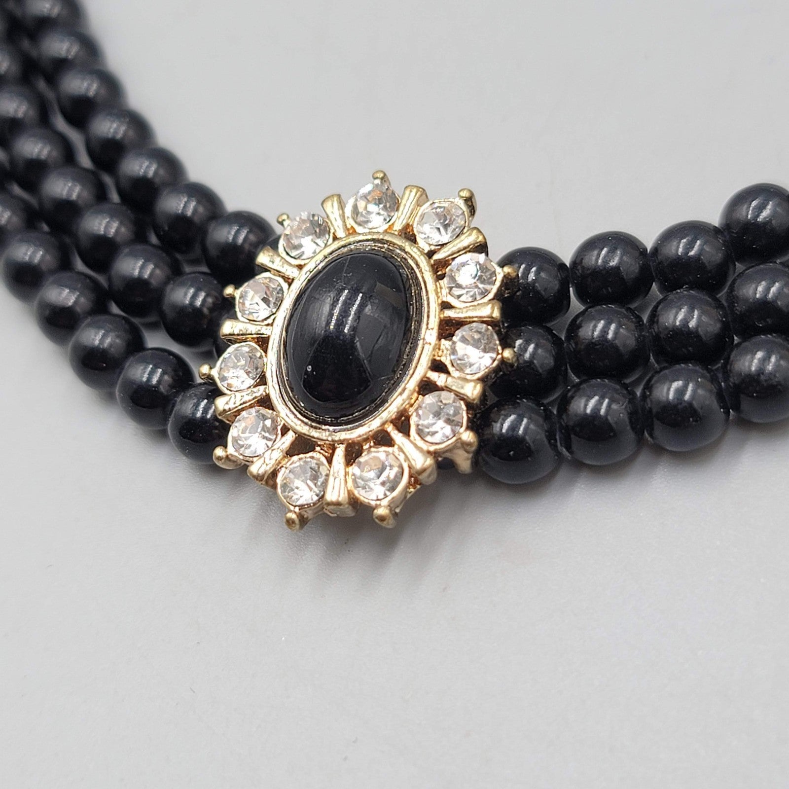 Black Bead Necklace Retro Style Triple Strand Collar Gold tone 16"-18"