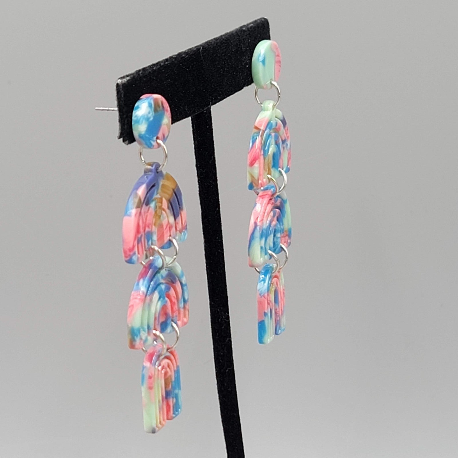 Statement Blue Pink Dangle Pierced Earrings 2.75"