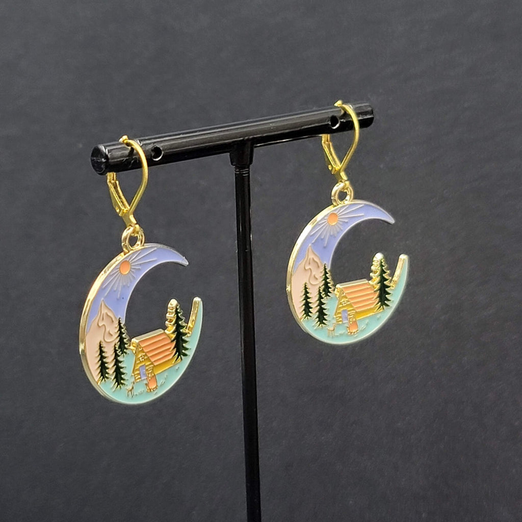 New Camping Scene Pierced Earrings Gold tone Enamel Dangle Moon Tent 1.25" FS