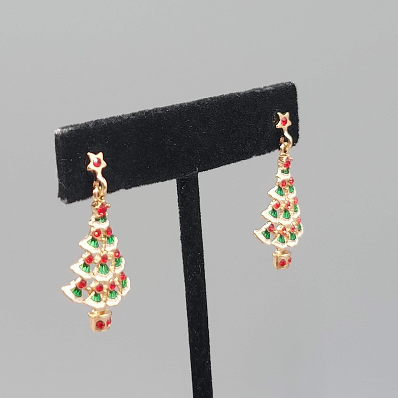 Christmas Tree Pierced Earrings Gold tone Dangle 1.25 in