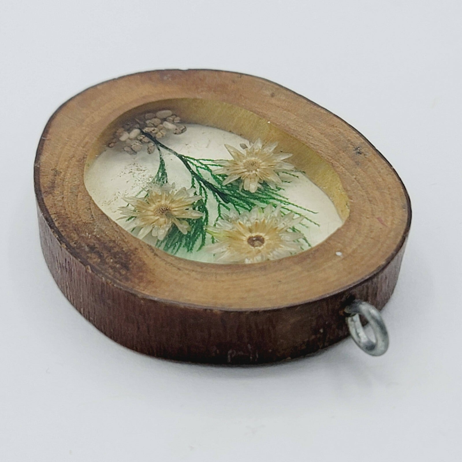Vintage Oval Shaped Pendant Lucite Dried Flowers Wood Frame 