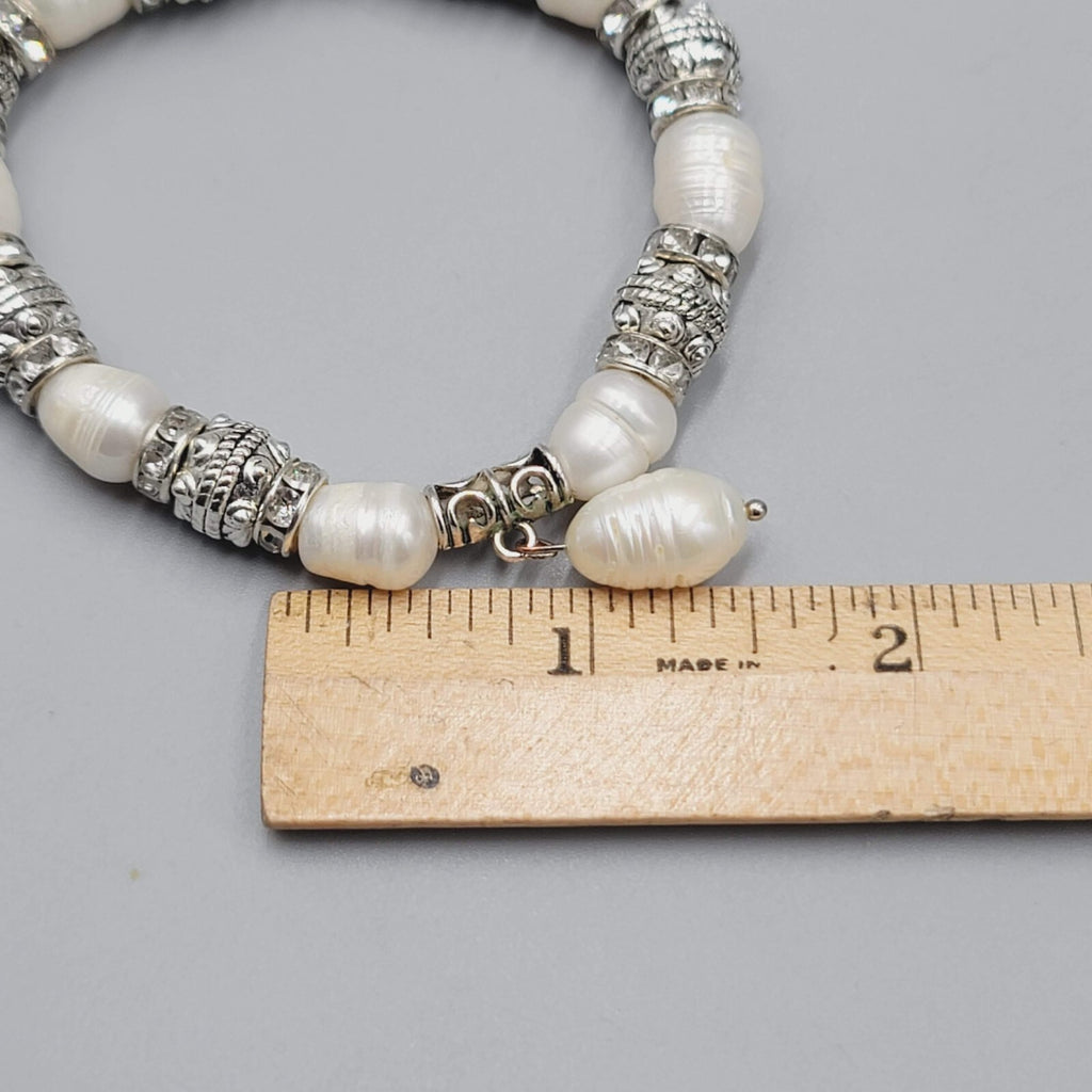Pearl Bracelet Silver tone Crystal Rhinestone Elastic 6.5"