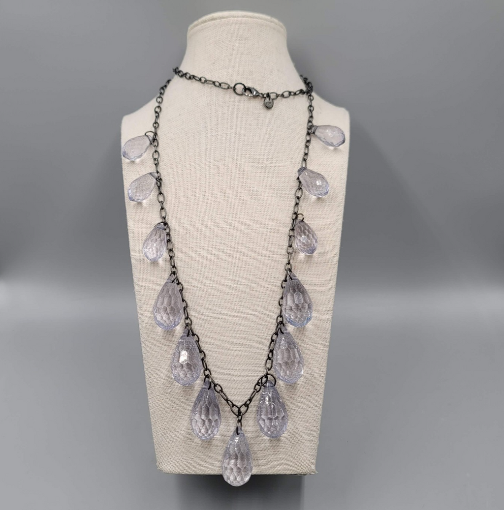 Loft Necklace Black Metal Statement Blue Crackle Teardrop Beads Long 36"