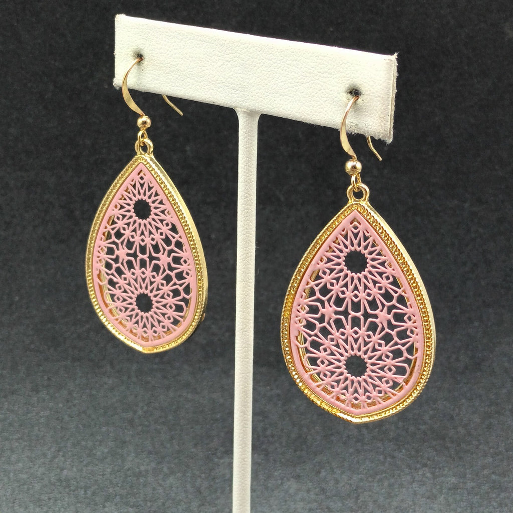 Pierced Earrings Gold tone Pink Acrylic Open Work Teardrop Dangle  1 3/4"