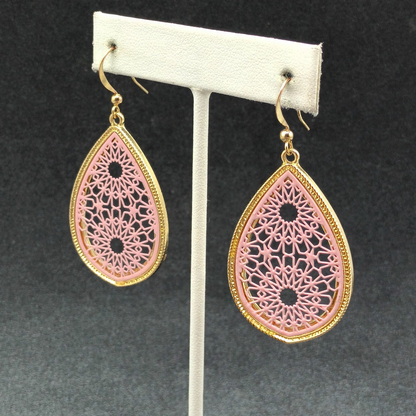 Pierced Earrings Gold tone Pink Acrylic Open Work Teardrop Dangle  1 3/4"
