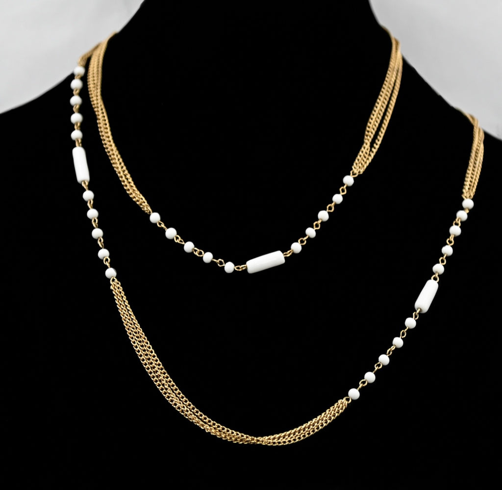 Vintage Gold tone Chains White Glass Beads Necklace Estate Jewelry Long 46"