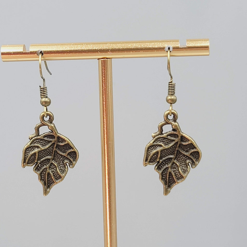 Autumn Leaf Embossed Pierced Earrings Bronze tone Dangle 1"