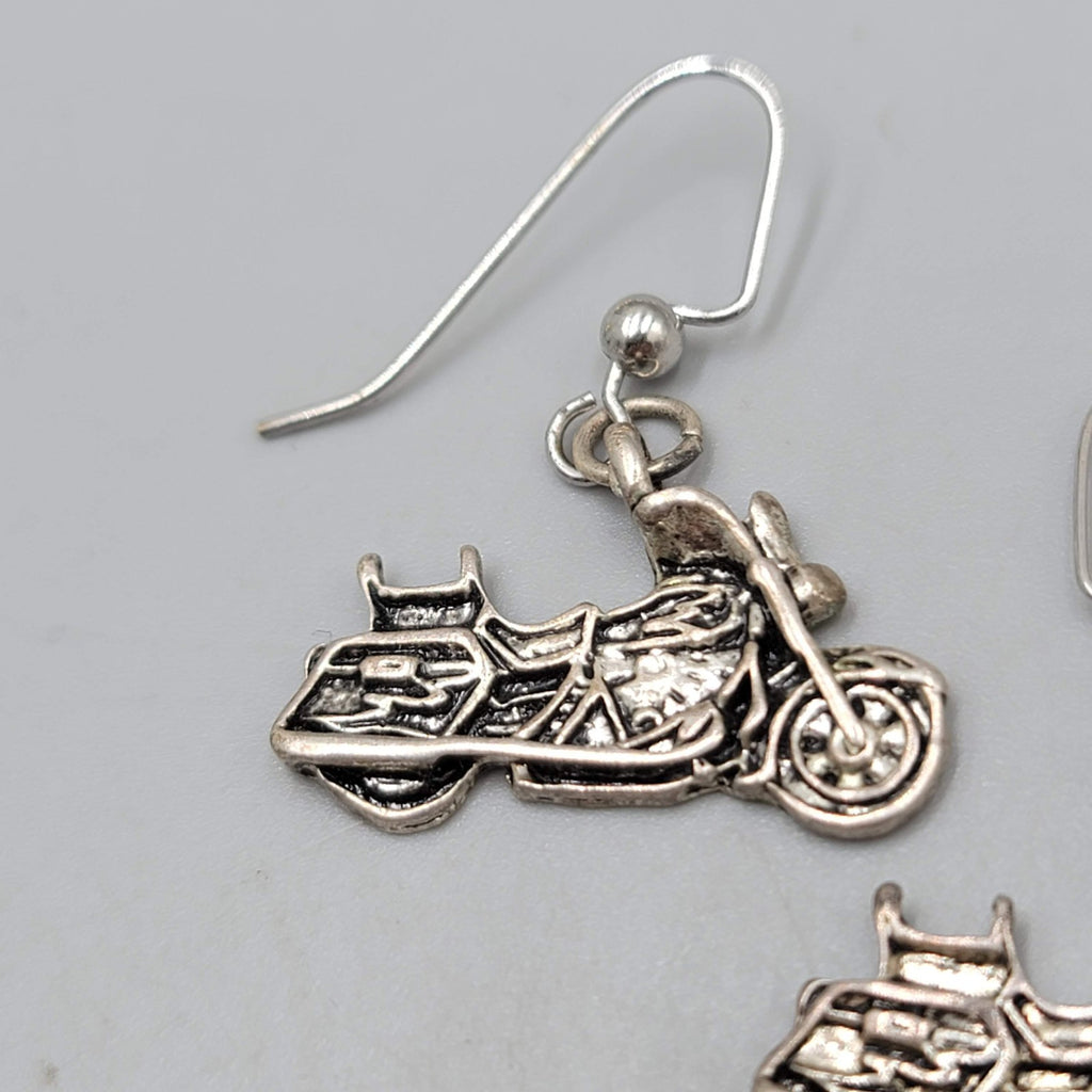 Motorcycle Pierced Earrings Silver tone Dangle 3/4"