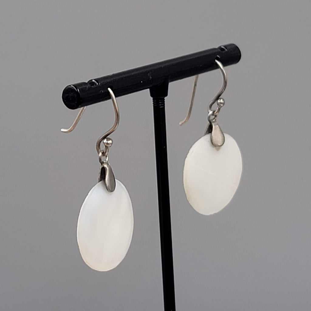 Sterling Silver Pierced Earrings Round Mother of Pearl Dangle 7/8"