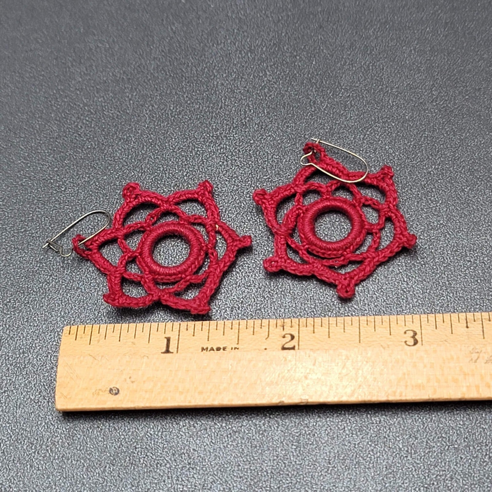 Pierced Earrings Hand Knitted Dangle Maroon Red 1.5"