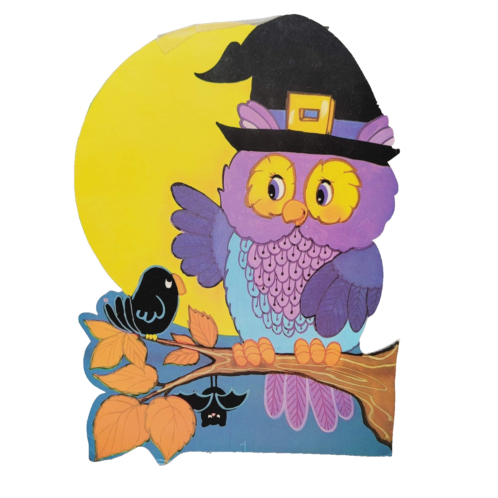 Vintage Purple Owl Crow Bat Die Cut Halloween Double Sided 12.5" x 9"