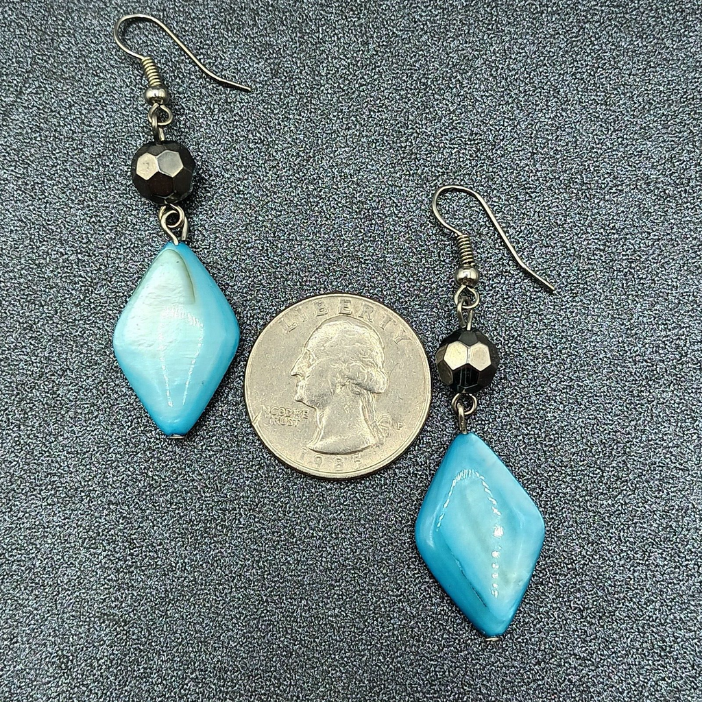 Pierced Earrings Silver tone Hook Blue Shell Geometric Beaded Dangle 1 5/8"