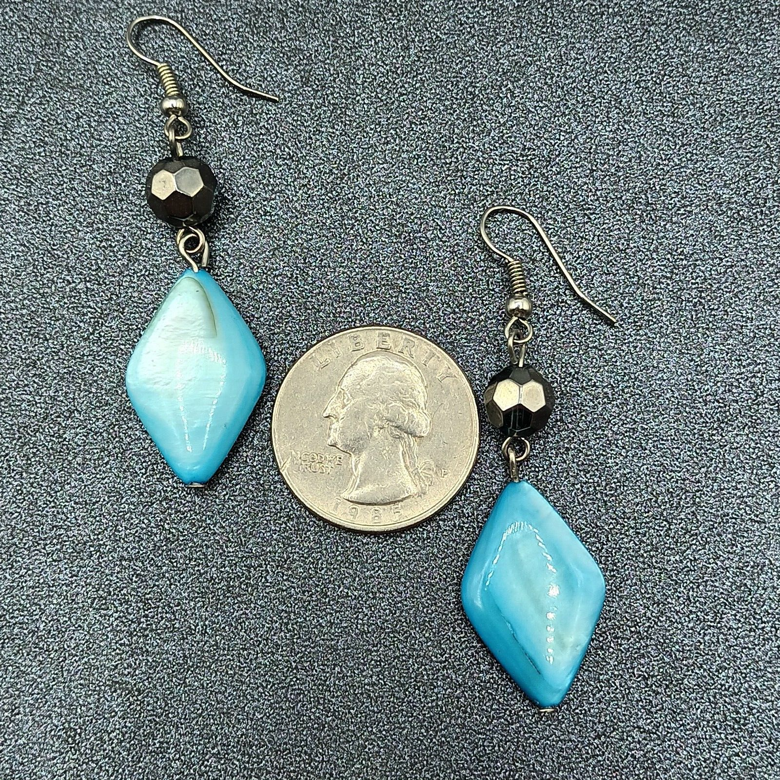 Pierced Earrings Silver tone Hook Blue Shell Geometric Beaded Dangle 1 5/8"